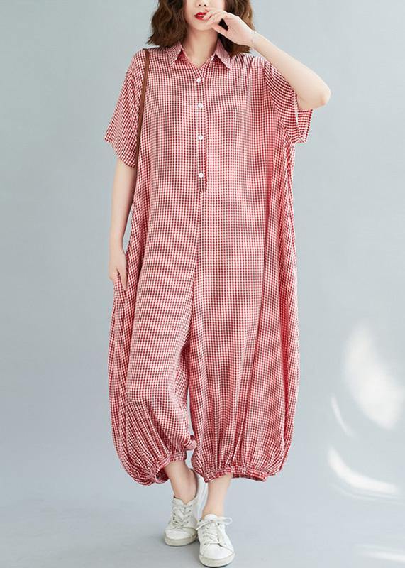 Bohemian red plaidpant Thin summerSewing wild jumpsuit - SooLinen