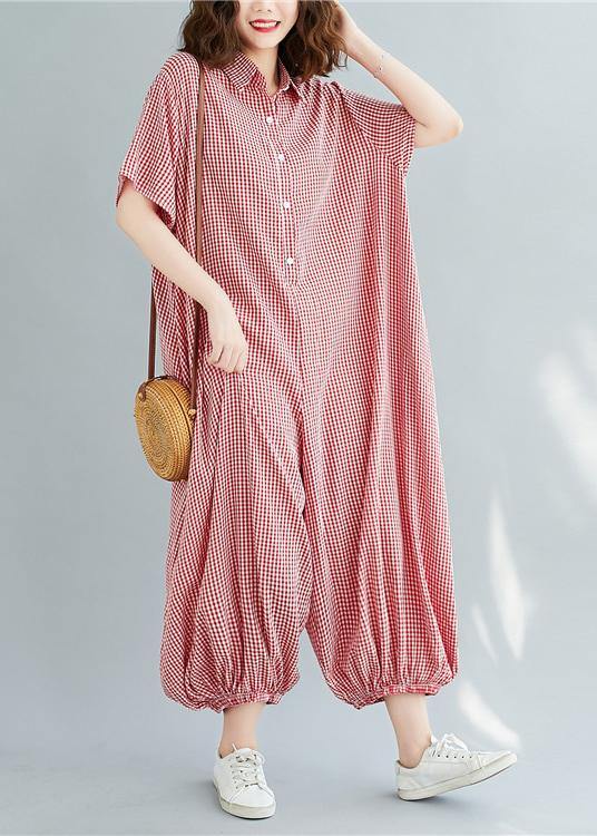 Bohemian red plaidpant Thin summerSewing wild jumpsuit - SooLinen