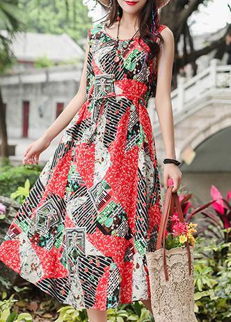 Bohemian red print cotton clothes Women sleeveless tie waist A Line summer Dresses - SooLinen