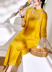 Bohemian stand collar linen clothes For Women yellow embroidery Dresses - SooLinen