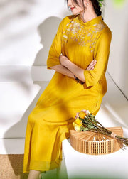 Bohemian stand collar linen clothes For Women yellow embroidery Dresses - SooLinen