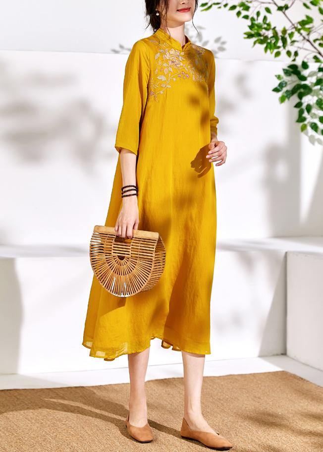 Bohemian stand collar linen clothes For Women yellow embroidery Dresses - SooLinen