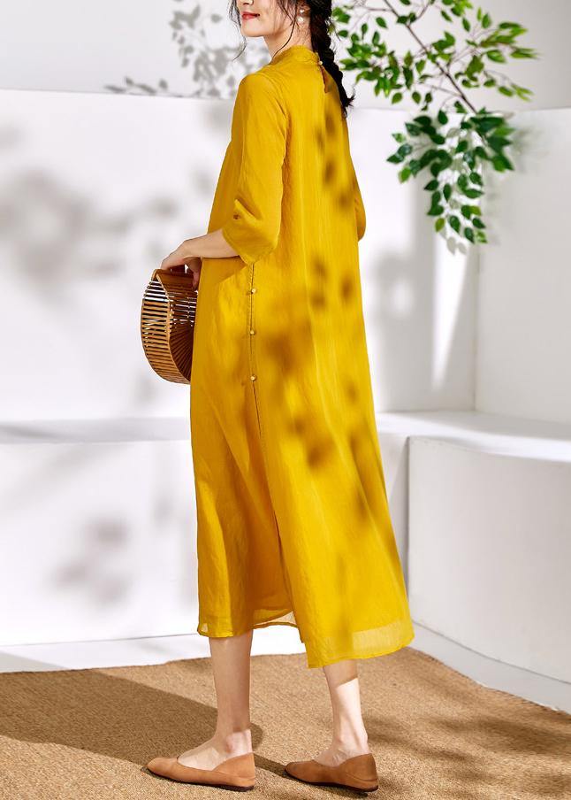 Bohemian stand collar linen clothes For Women yellow embroidery Dresses - SooLinen