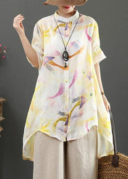 Bohemian stand collar low high design linen blouses for women design yellow print shirts - SooLinen