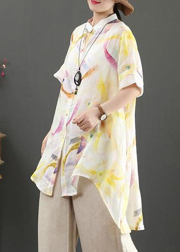 Bohemian stand collar low high design linen blouses for women design yellow print shirts - SooLinen