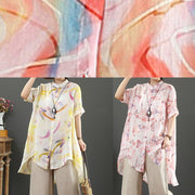 Bohemian stand collar low high design linen blouses for women design yellow print shirts - SooLinen