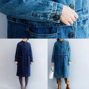 Bohemian stand collar fine patchwork box coat dark blue silhouette jackets - SooLinen