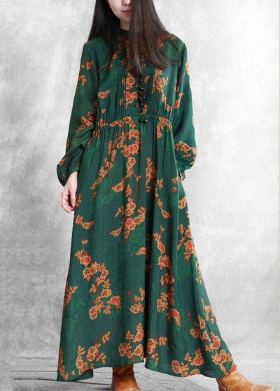 Bohemian stand collar Cinched quilting clothes Fabrics green print Kaftan Dresses - SooLinen