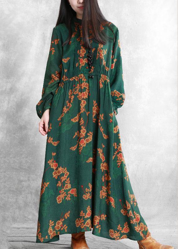 Bohemian stand collar Cinched quilting clothes Fabrics green print Kaftan Dresses - SooLinen