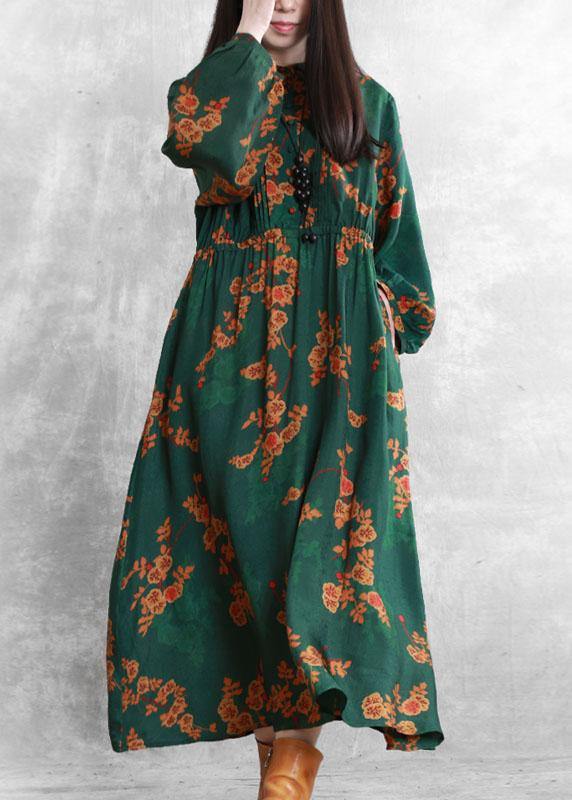 Bohemian stand collar Cinched quilting clothes Fabrics green print Kaftan Dresses - SooLinen