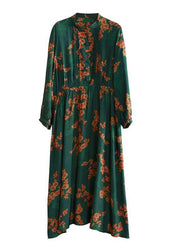 Bohemian stand collar Cinched quilting clothes Fabrics green print Kaftan Dresses - SooLinen