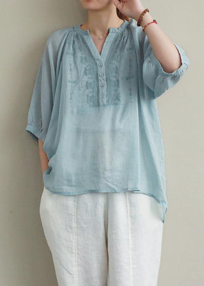 Bohemian v neck Button Down linen summer Shirts blue embroidery blouses - SooLinen