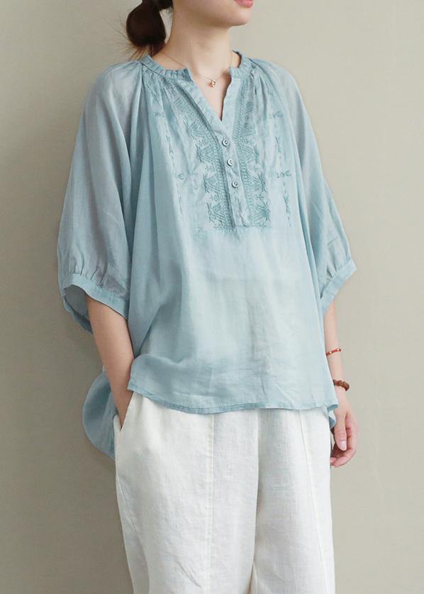 Bohemian v neck Button Down linen summer Shirts blue embroidery blouses - SooLinen