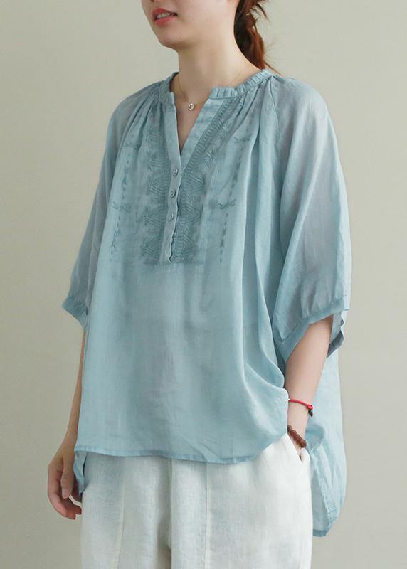 Bohemian v neck Button Down linen summer Shirts blue embroidery blouses - SooLinen