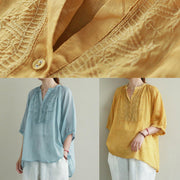 Bohemian v neck Button Down linen summer Shirts blue embroidery blouses - SooLinen