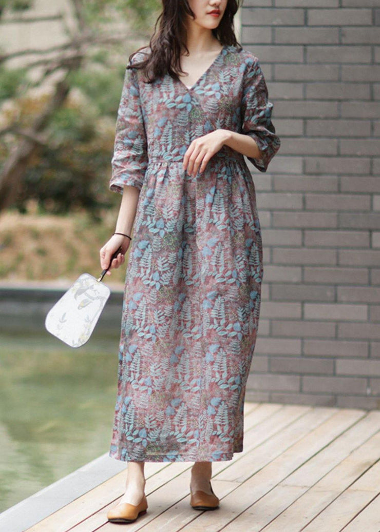 Bohemian v neck half sleeve linen summer Wardrobes blue print Dresses - SooLinen