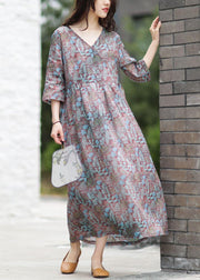 Bohemian v neck half sleeve linen summer Wardrobes blue print Dresses - SooLinen