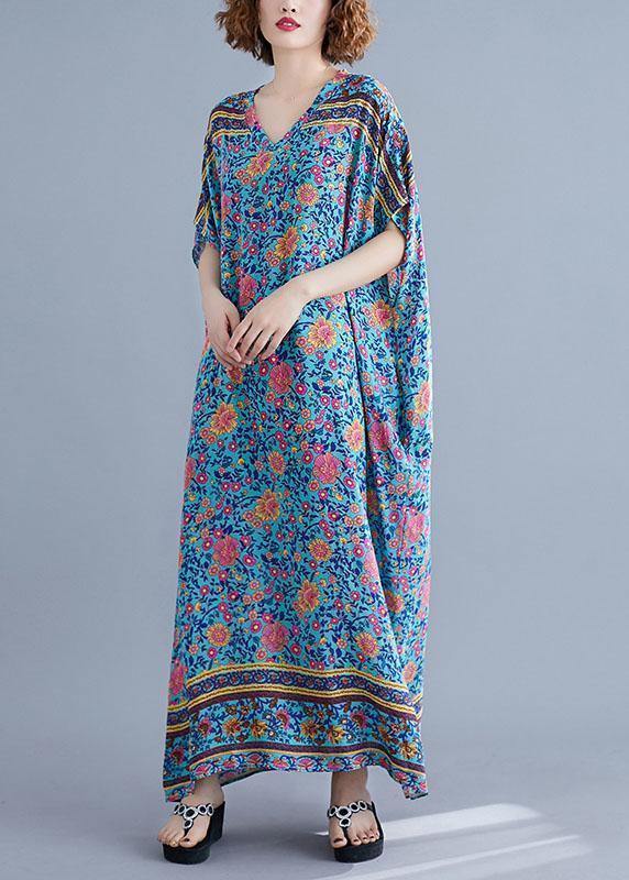 Bohemian v neck pockets cotton summer tunic pattern Photography blue print long Dress - SooLinen