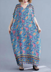 Bohemian v neck pockets cotton summer tunic pattern Photography blue print long Dress - SooLinen