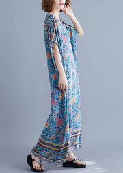 Bohemian v neck pockets cotton summer tunic pattern Photography blue print long Dress - SooLinen