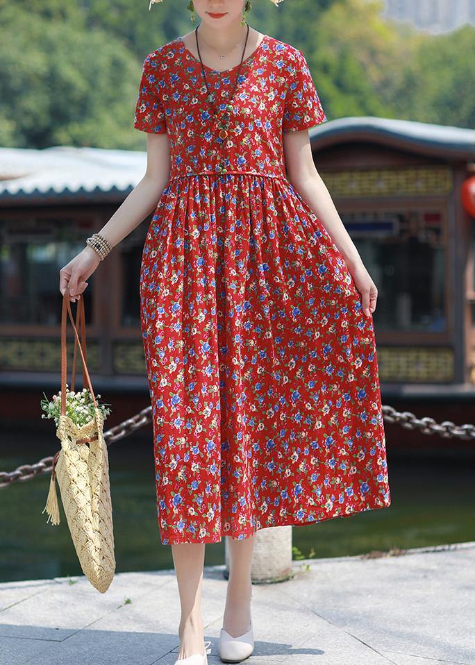 Beautiful Summer Dress v neck pockets linen outfit red print Dresses - SooLinen