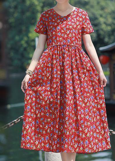 Bohemian v neck pockets linen outfit red print Dresses summer - SooLinen