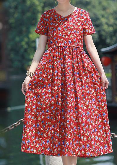 Beautiful Summer Dress v neck pockets linen outfit red print Dresses - SooLinen