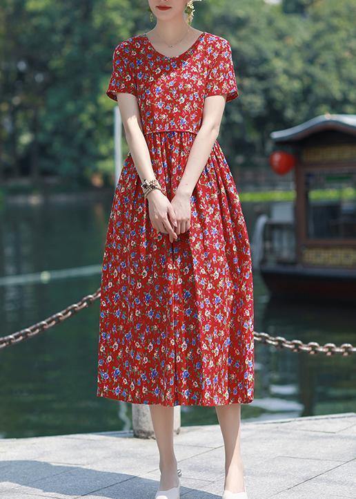 Bohemian v neck pockets linen outfit red print Dresses summer - SooLinen