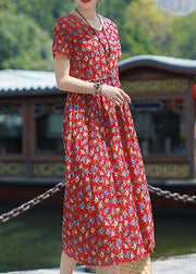 Beautiful Summer Dress v neck pockets linen outfit red print Dresses - SooLinen