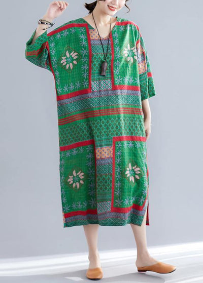 Bohemian v neck side open cotton Women pattern green print Maxi Dresses summer - SooLinen