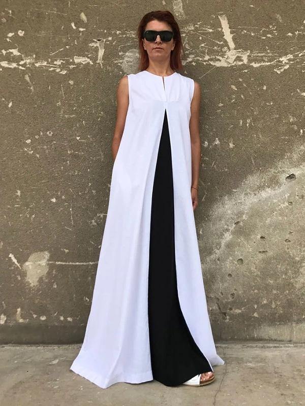 Bohemian white cotton clothes For Women sleeveless patchwork Maxi Dresses - SooLinen