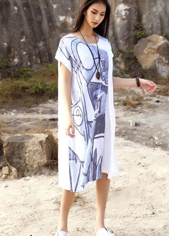 Bohemian white loose linen dress prints summer Dresses - SooLinen