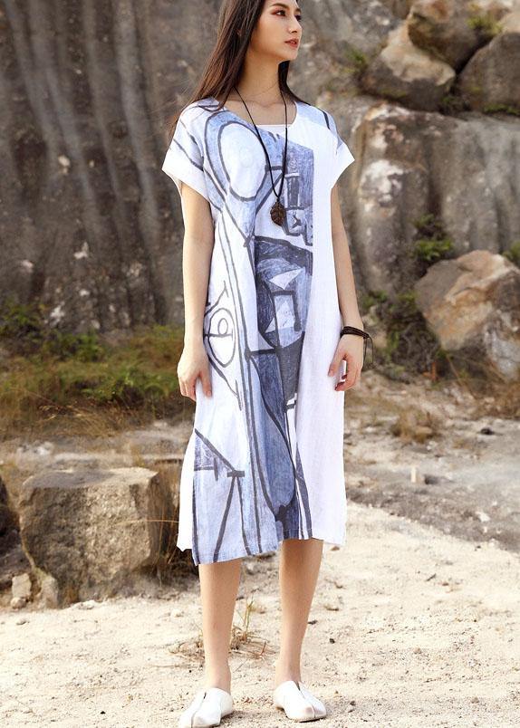 Bohemian white loose linen dress prints summer Dresses - SooLinen