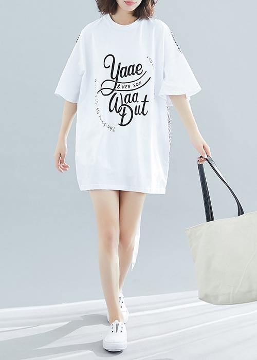 Bohemian white patchwork striped Cotton top o neck two ways to wear tunic Dress - SooLinen