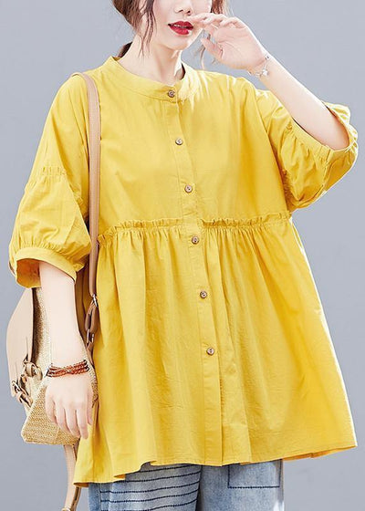 Bohemian yellow lantern sleeve cotton blouses for women stand collar Art summer shirts - SooLinen