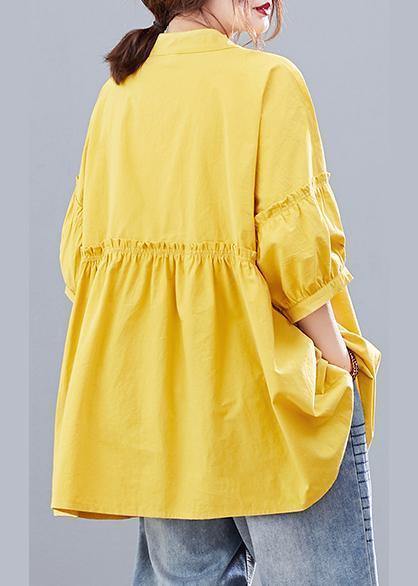 Bohemian yellow lantern sleeve cotton blouses for women stand collar Art summer shirts - SooLinen