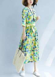 Bohemian yellow prints linen Soft Surroundings Cinched waist A Line summer Dresses - SooLinen