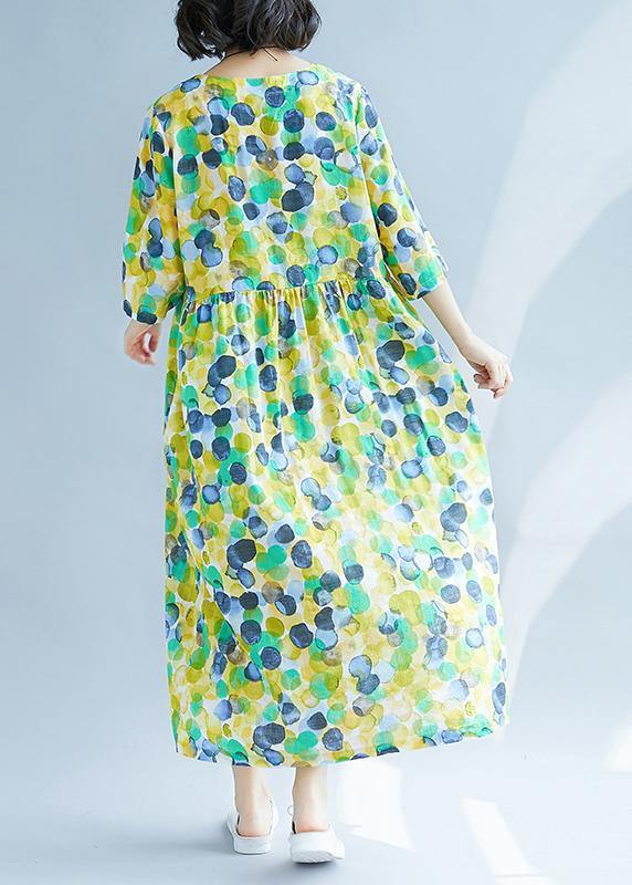 Bohemian yellow prints linen Soft Surroundings Cinched waist A Line summer Dresses - SooLinen