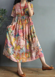 Bohemian Floral Silk Floss Robes O Neck Cinched Loose Summer Dress