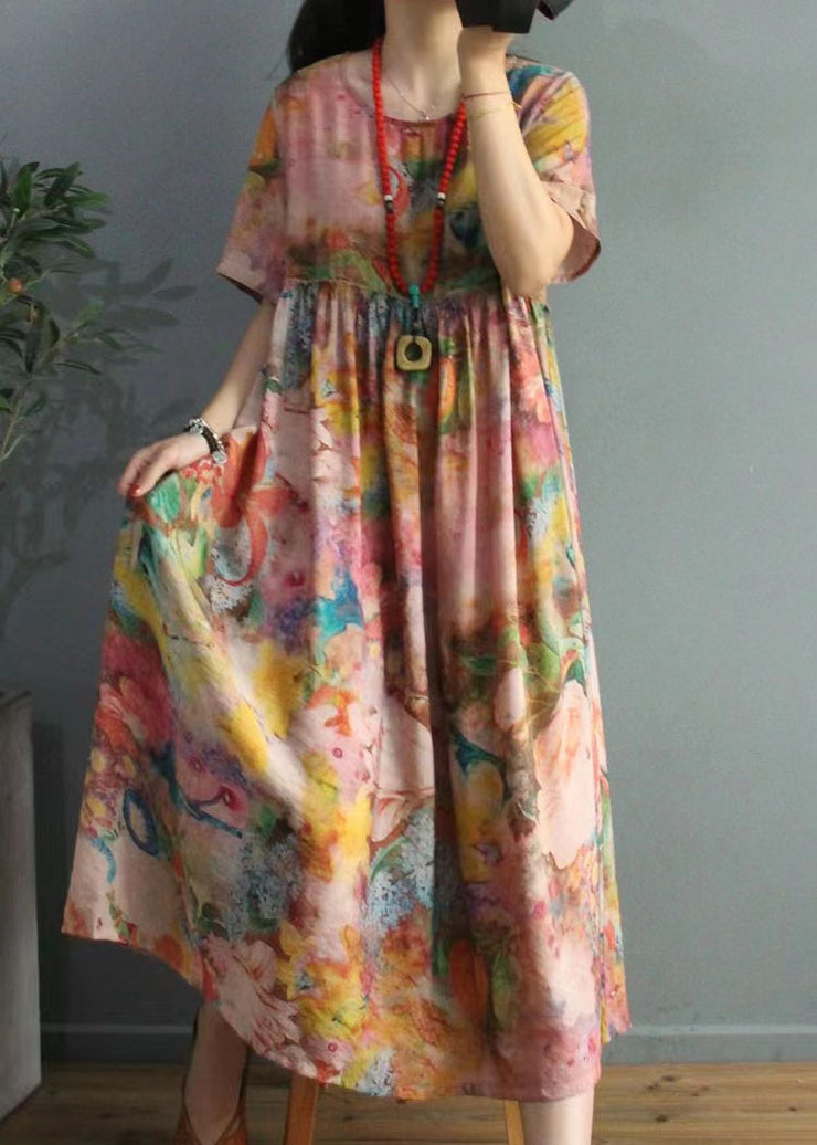 Bohemian Floral Silk Floss Robes O Neck Cinched Loose Summer Dress