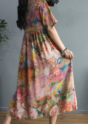 Bohemian Floral Silk Floss Robes O Neck Cinched Loose Summer Dress