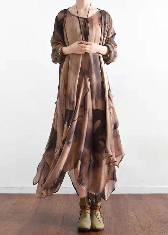 Bohemian Khaki Asymmetrical Print Silk Cardigans And Dress Two Piece Suit Set Summer