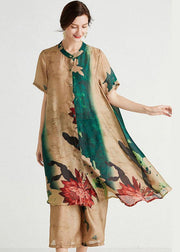 Boho Apricot Green Stand Button Summer Two Pieces Set Short Sleeve - SooLinen