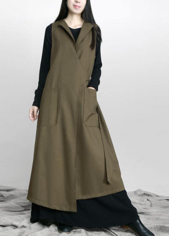 Boho Army Green Asymmetrical Design Pockets Fall Long Waistcoat - SooLinen