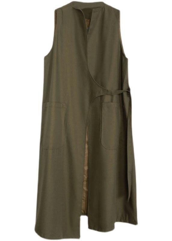 Boho Army Green Asymmetrical Design Pockets Fall Long Waistcoat - SooLinen