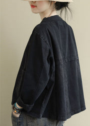 Boho Black Casual Button Embroideried Fall Denim Coat