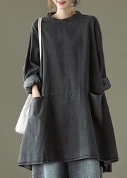 Boho Black Grey O-Neck Pockets Denim Long Dresses Long Sleeve - SooLinen