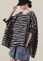 Boho Black Loose O-Neck Ruffled Fall Striped Shirt Top Half Sleeve