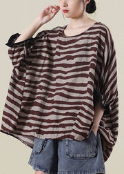 Boho Black Loose O-Neck Ruffled Fall Striped Shirt Top Half Sleeve