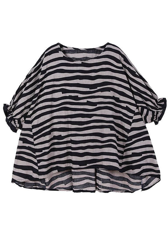 Boho Black Loose O-Neck Ruffled Fall Striped Shirt Top Half Sleeve